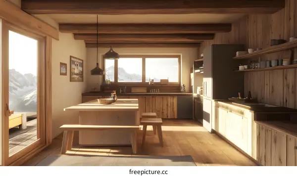 Modern Kitchen Interior Design With Wooden Beams And Mountain View