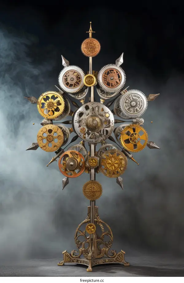 Ornate steampunk clockwork sculpture with gears and cogs