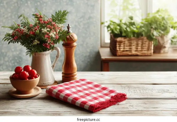 Rustic Kitchen Table Setting with Flowers and Red Cherries