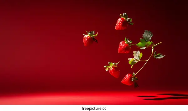 Red Strawberries in Motion Against a Deep Red Background