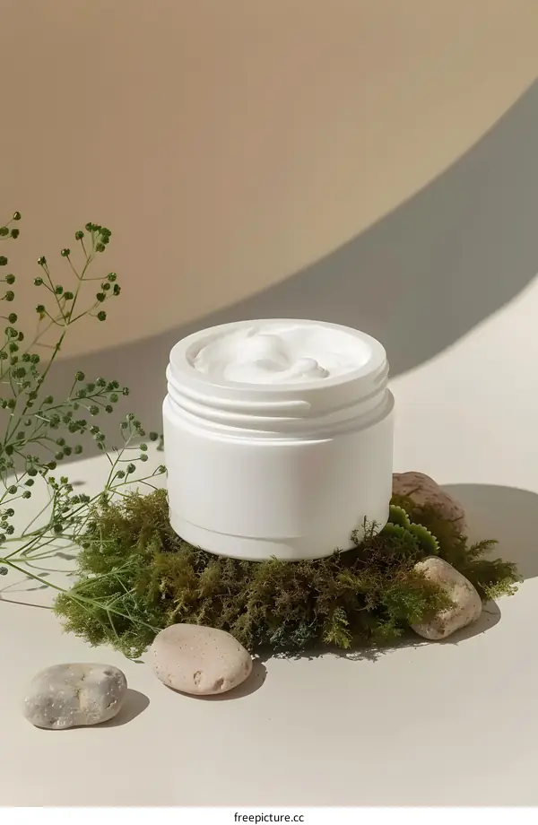 White Cream Jar on Moss and Stones with Natural Light