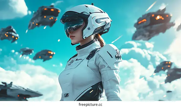 Futuristic Female Space Warrior Amidst Aerial Combat