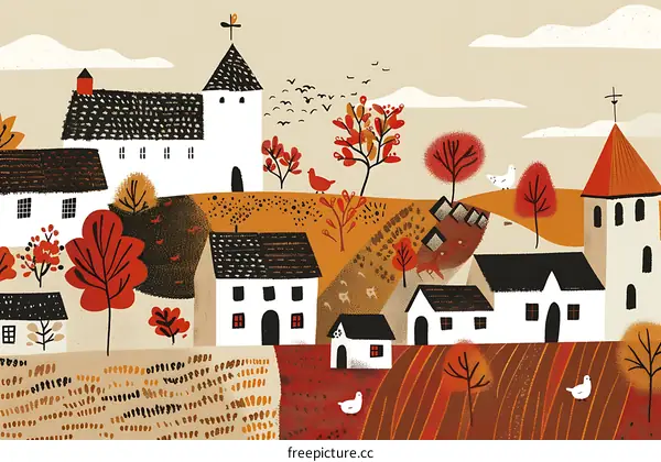 Autumn Village Landscape with Red and Orange Trees