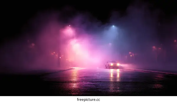 Misty Night Drive Under Neon Lights