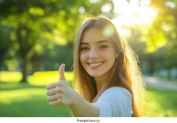 Happy Woman Thumbs Up in Green Park