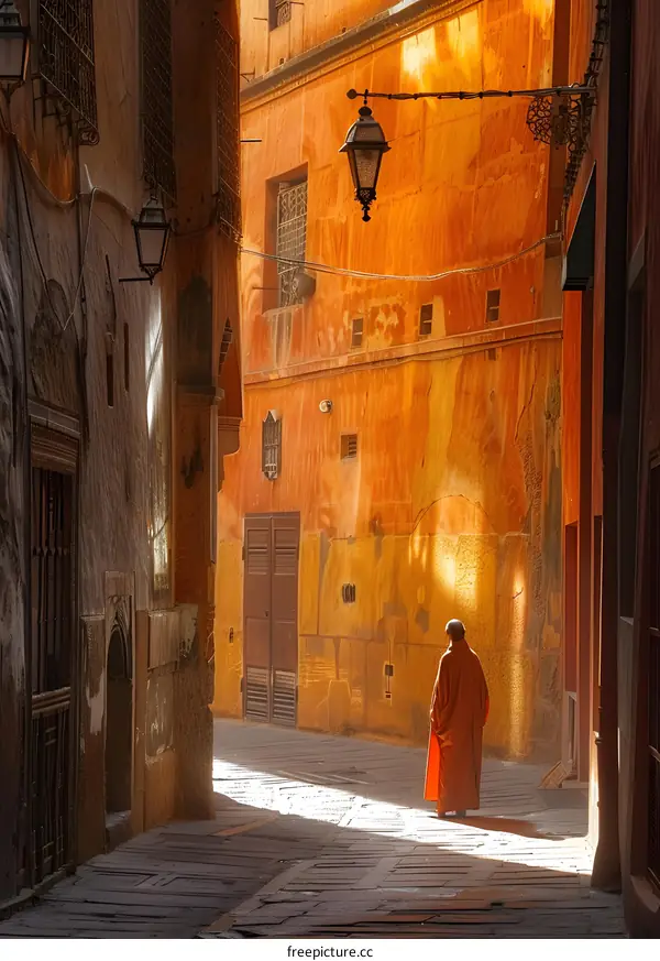 Man in Orange Robe Walking Down Narrow Alleyway