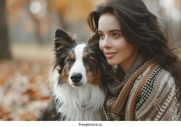 A young woman with a dog in the autumn forest