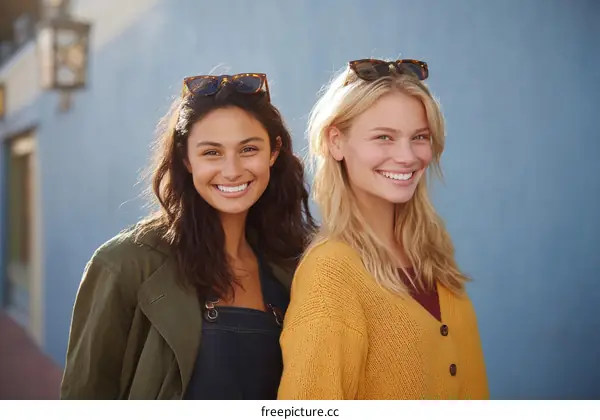 Two cheerful young women with sunglasses on heads standing outdoors