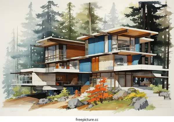 watercolor painting of a modern house in the woods