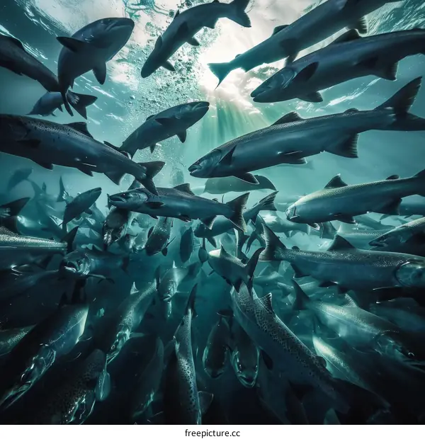 A large school of Atlantic salmon swim in a fish farm