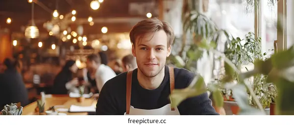 Smiling Barista in a Cafe with Plants