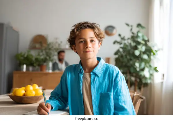 A Young Boy Sitting at Table Writing with Pencil
