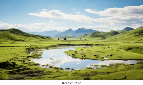 Horses and cows grazing in a lush green pasture with mountains in the distance