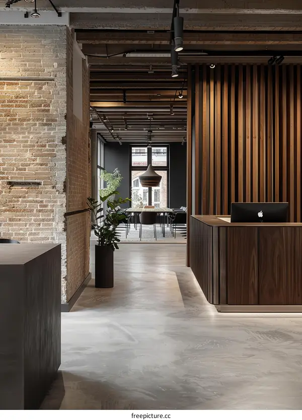 Modern office reception area with wood slat wall and concrete floor
