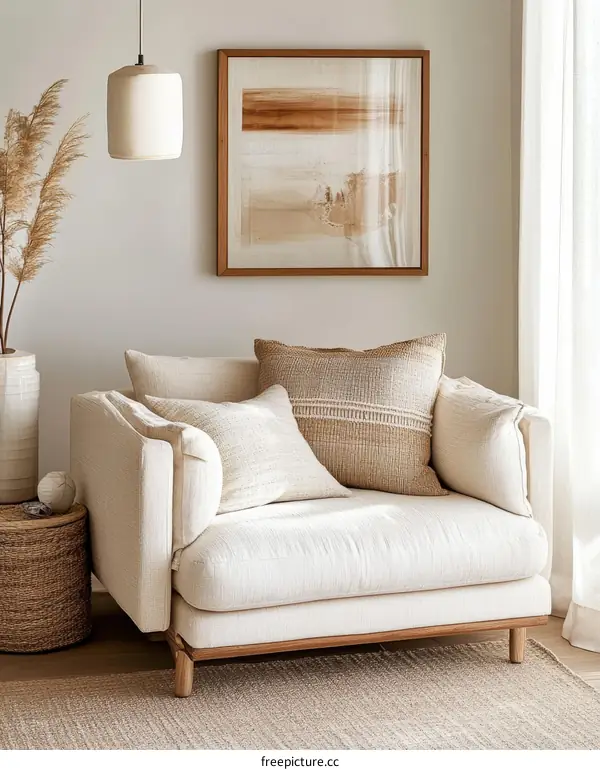 Modern Cream Sectional Sofa with Abstract Art