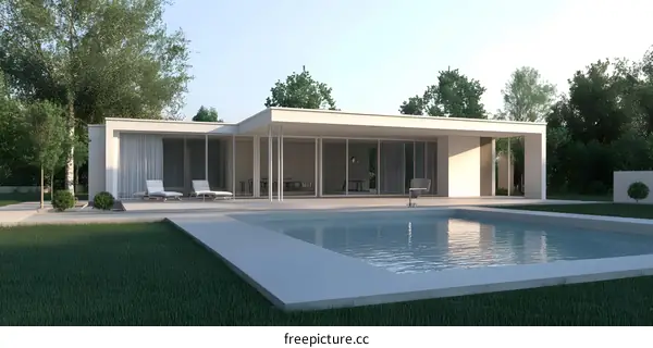 Modern House with Swimming Pool in Green Landscape