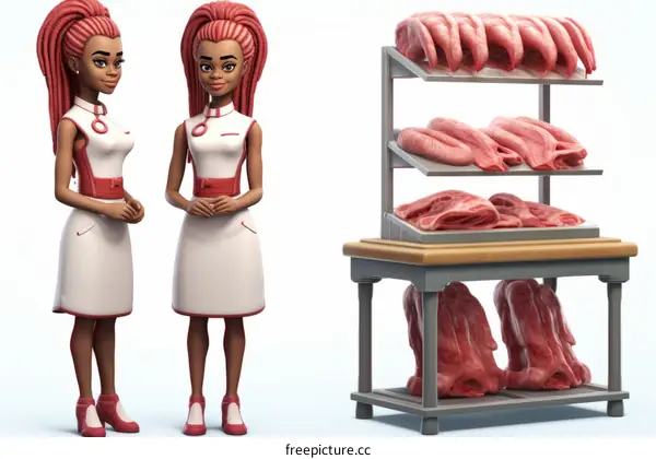 Two cartoon butchers with red hair standing in front of a meat display case