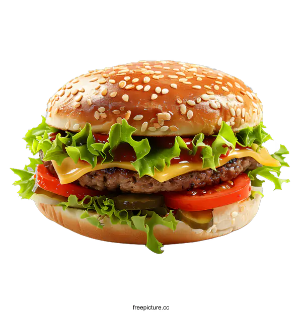 [Transparent Background PNG]Freshly Made Cheeseburger With Lettuce, Tomato, and Pickles