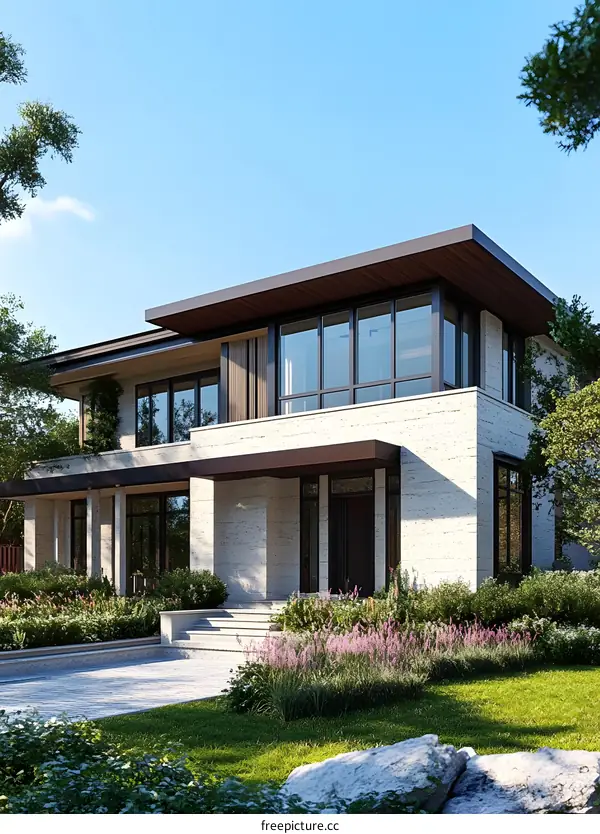 Modern House with Large Windows and Green Grass