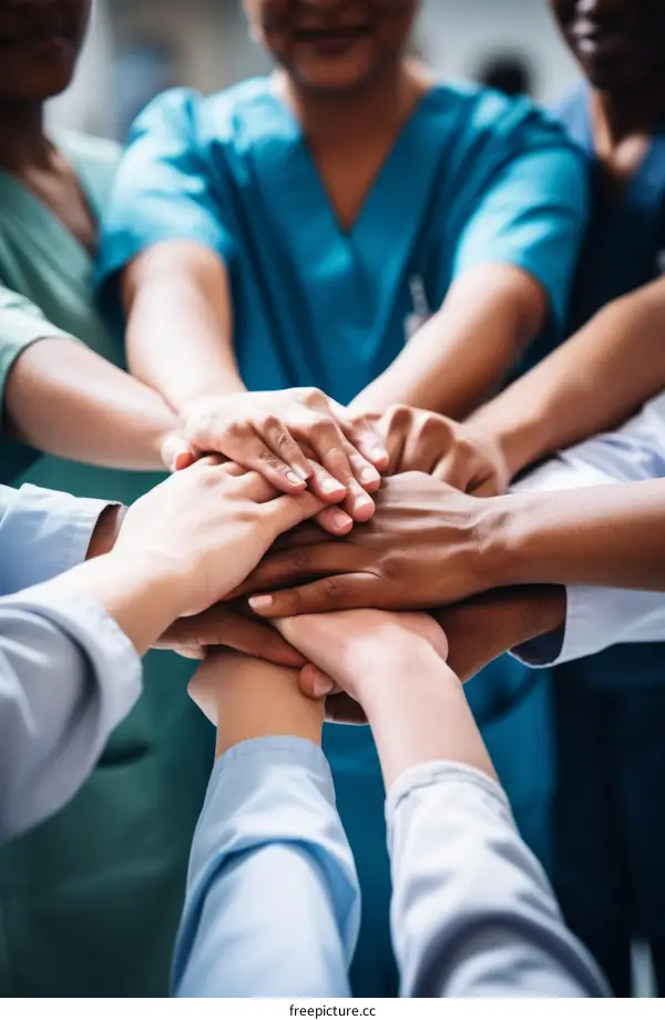 Multiracial group of doctors joining hands in unity