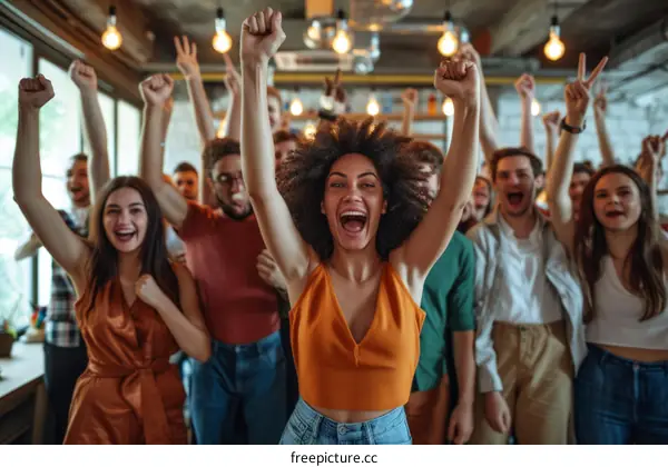 Group of diverse young people cheering and celebrating together