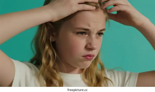 Unhappy Young Girl Scratching Head with Wavy Blonde Hair