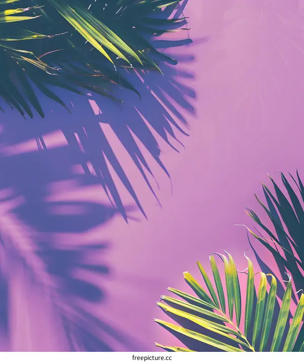 Tropical Palm Leaves and Shadow on a Purple Background