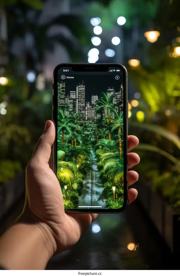 A person holding a phone in a lush green park with a city skyline in the background