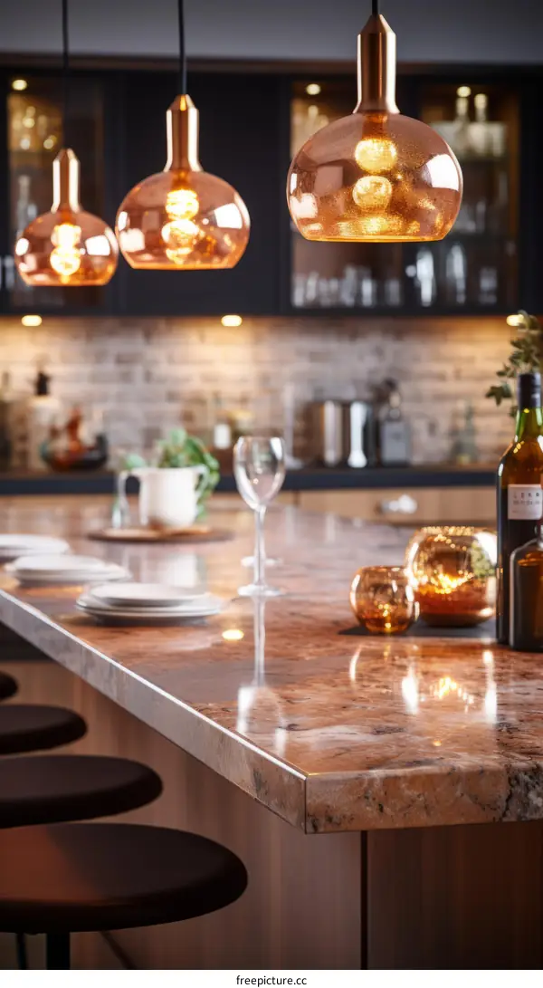 Luxury kitchen island with marble and copper pendant lights