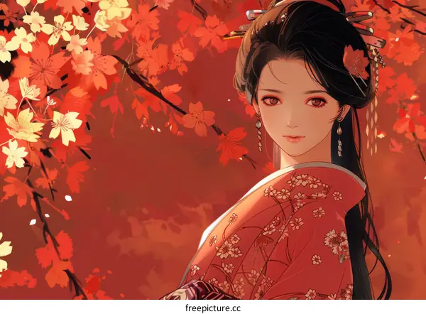 A beautiful Chinese woman in a red kimono standing in a field of red flowers.