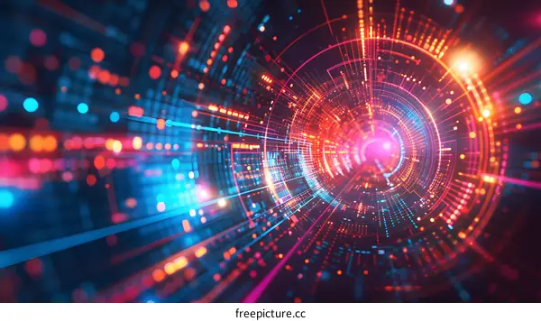 Technology, Blue, Orange, Light, Circle, Tunnel, Futuristic, Abstract, Illustration