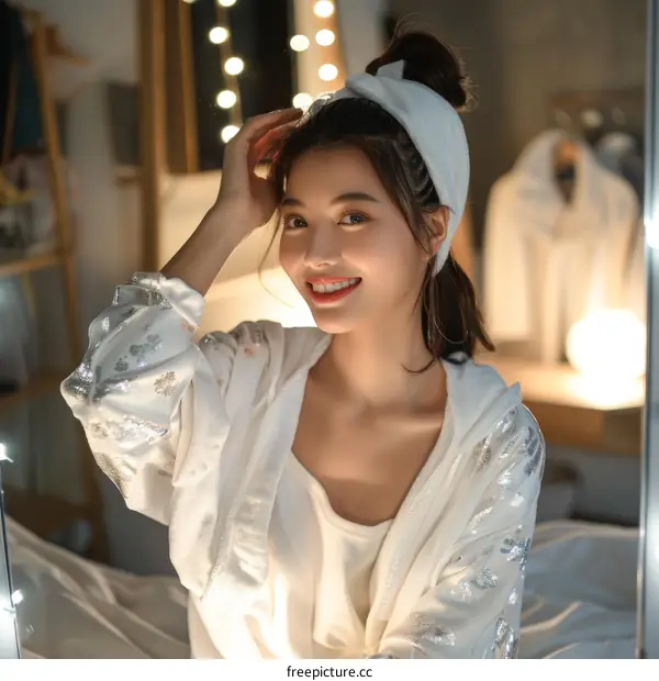 A young woman is sitting on a bed and smiling at the camera