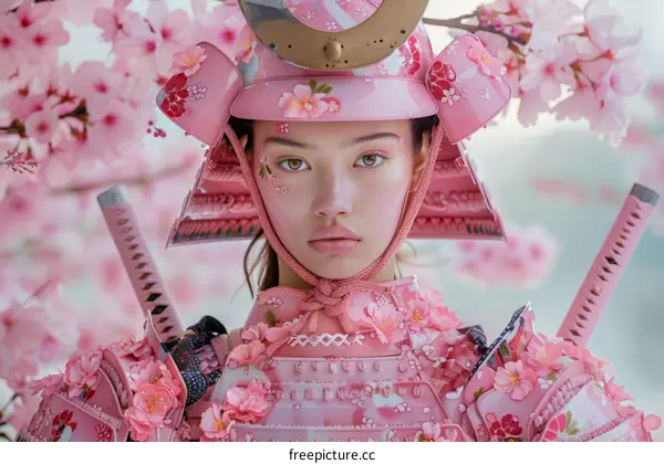 Portrait of a Young Woman in Pink Samurai Armor