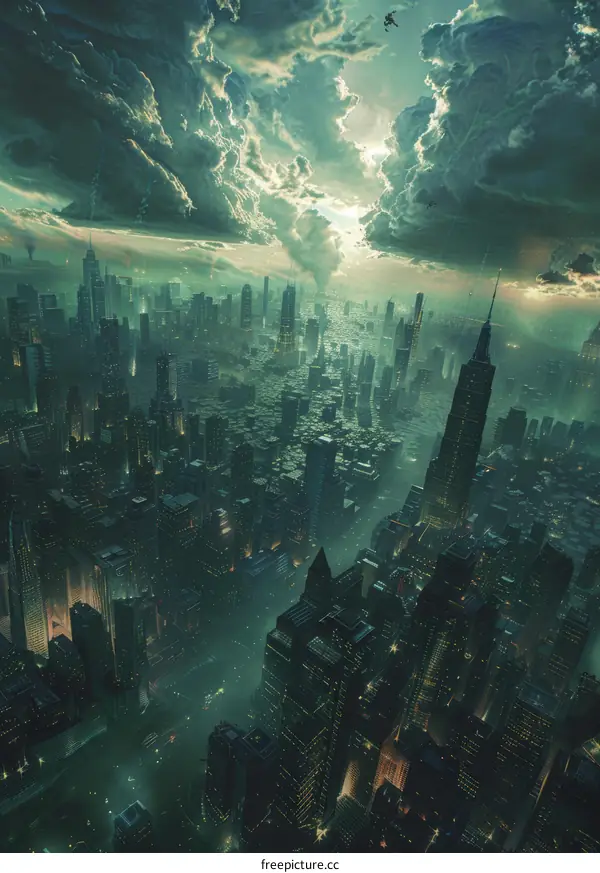 Aerial View of a Futuristic Cyberpunk City at Night