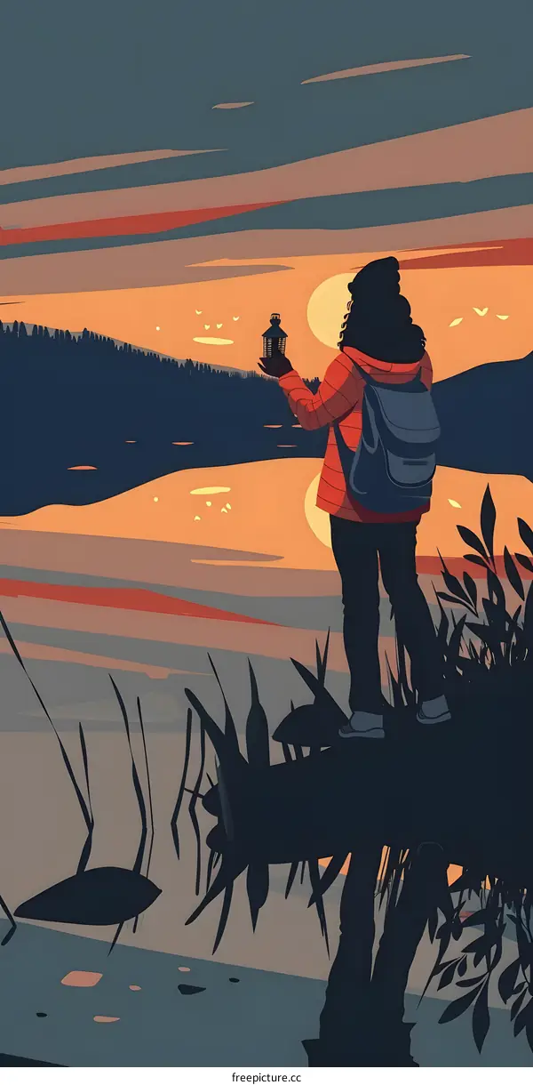 Woman Standing on Cliff Looking at Sunset With Lantern in Hand