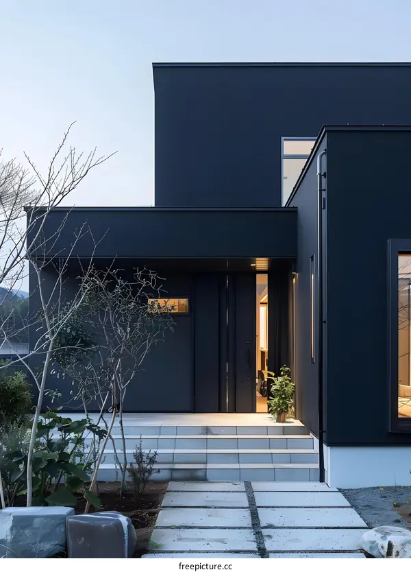 Modern Black House Entrance with Stone Pathway
