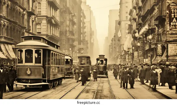 Crowded City Street with Trams in the Early 20th Century