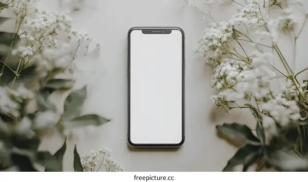 White Flowers and Smartphone Mockup on a Table