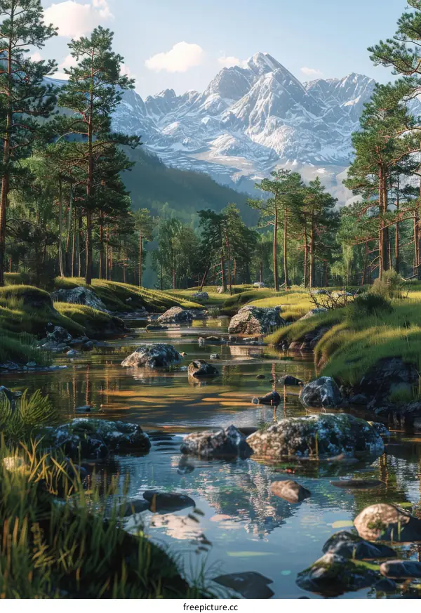 River Valley with Snow-Capped Mountains