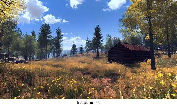 Cabin in the Woods with a Path and Yellow Flowers