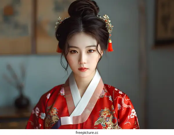 Portrait of a young woman in traditional Korean dress, or Hanbok