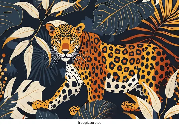 Jungle Leopard with Tropical Leaves Background Illustration