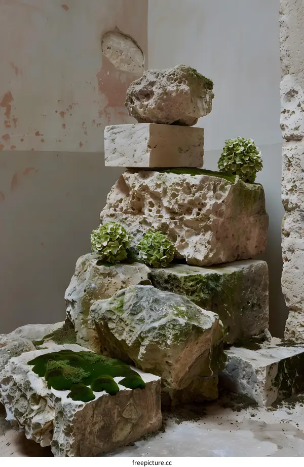 Stacked Stone Formation with Greenery in Interior