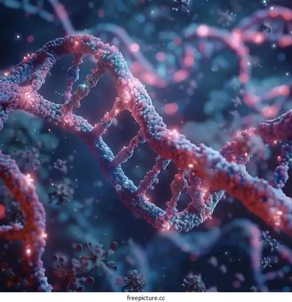 The structure of DNA double helix with glowing virus particles