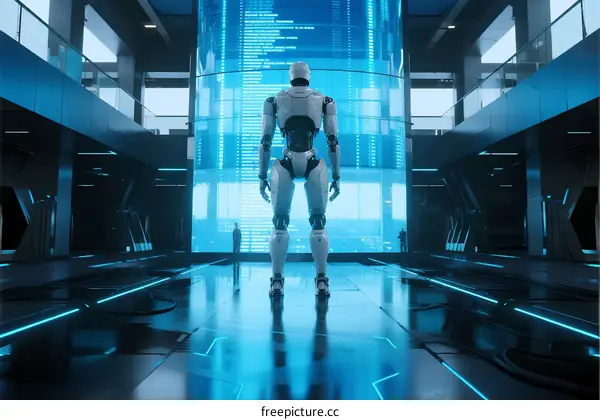Futuristic Humanoid Robot Standing in High Tech Laboratory