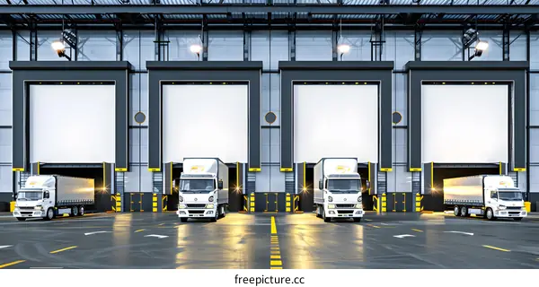 Four White Trucks Loading at Warehouse Doors