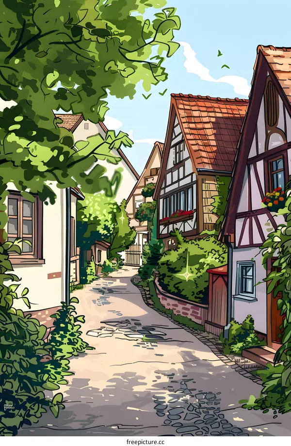 European Village Street Illustration