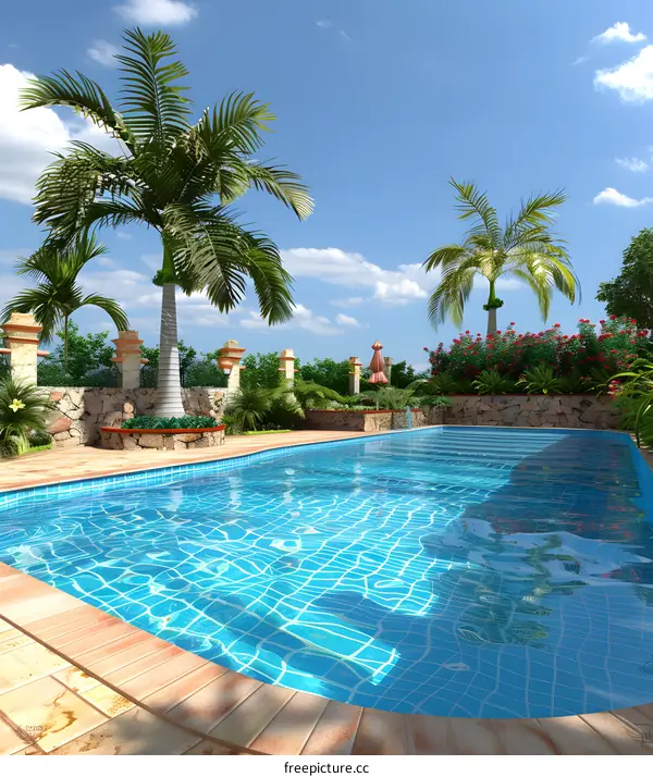 Tropical Backyard Swimming Pool with Palm Trees and Stone Wall