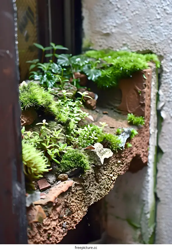 Green Moss Growing On A Brick Wall