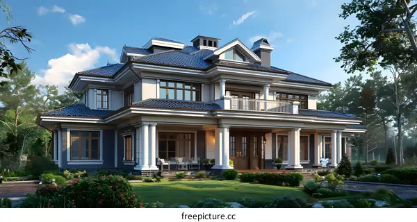 An impressive house with blue roof and white walls